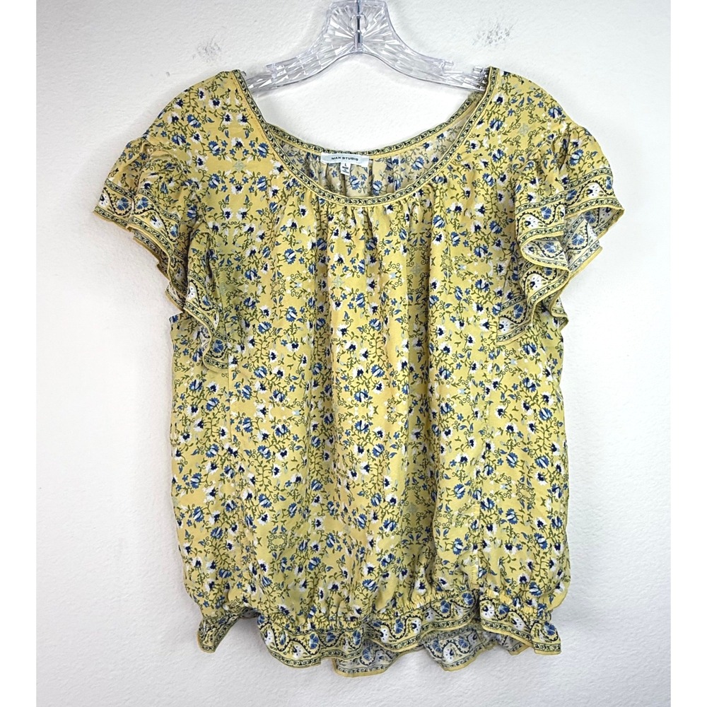 Max Studio Blouse Womens L Yellow Floral Flutter Sleeve Bubble Hem A704D30